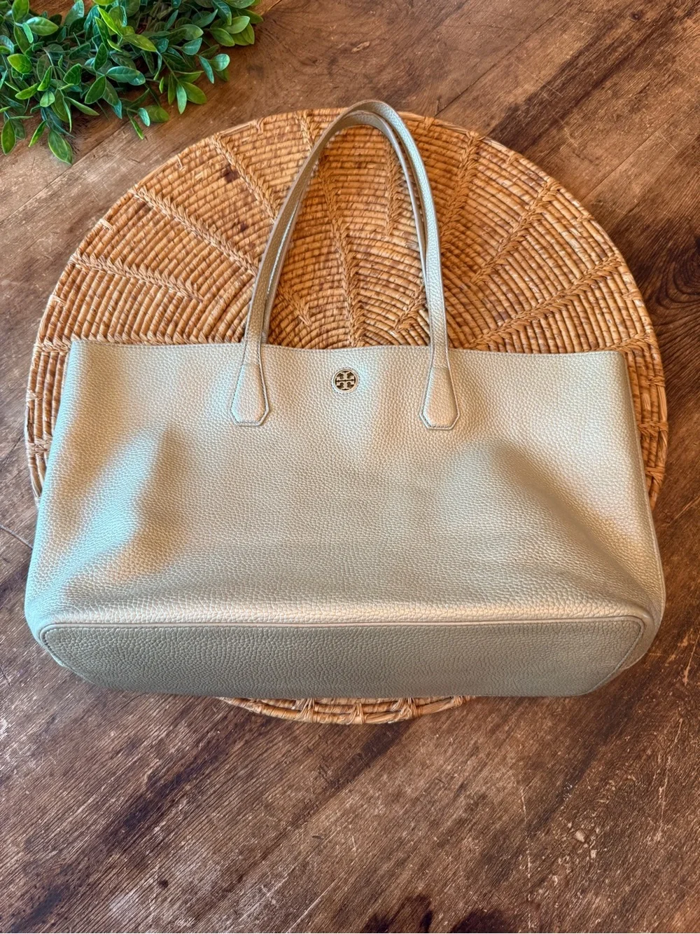 Tory Burch Metallic Champagne Gold Pebbled Leather Large Tote